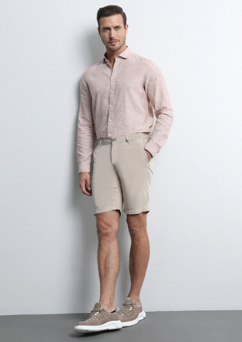 Bej Düz Dokuma Regular Fit Casual Bermuda - 1