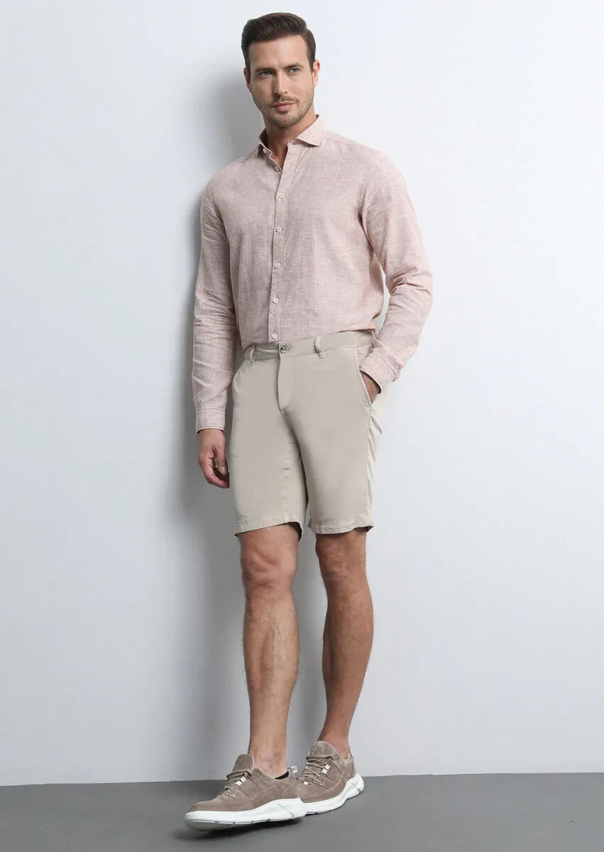 Bej Düz Dokuma Regular Fit Casual Bermuda - 1