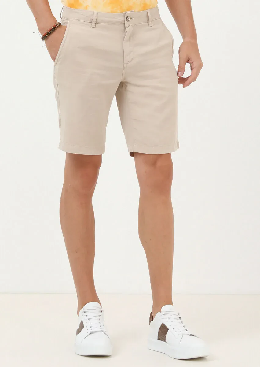 Bej Düz Dokuma Regular Fit Casual Bermuda - 2