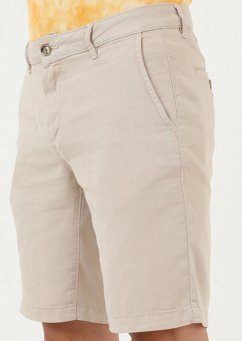 Bej Düz Dokuma Regular Fit Casual Bermuda - 3