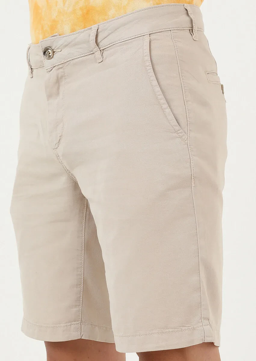 Bej Düz Dokuma Regular Fit Casual Bermuda - 3