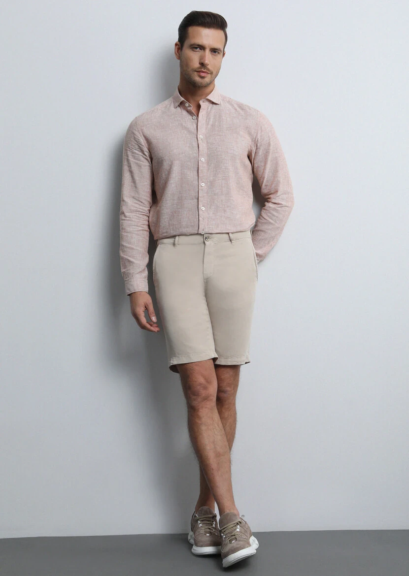 Bej Düz Dokuma Regular Fit Casual Bermuda - 4