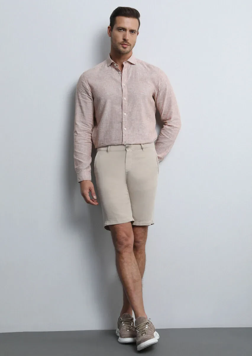 Bej Düz Dokuma Regular Fit Casual Bermuda - 4