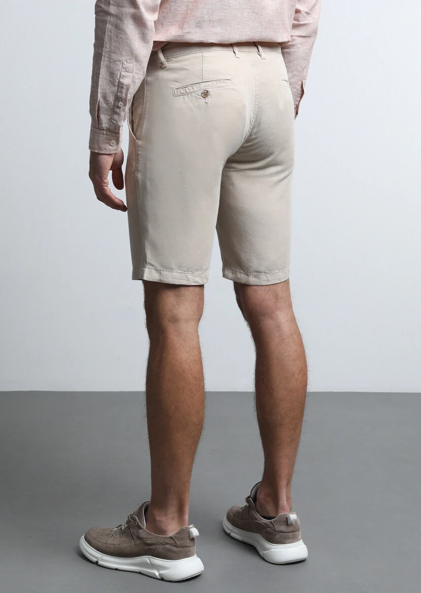 Bej Düz Dokuma Regular Fit Casual Bermuda - 5