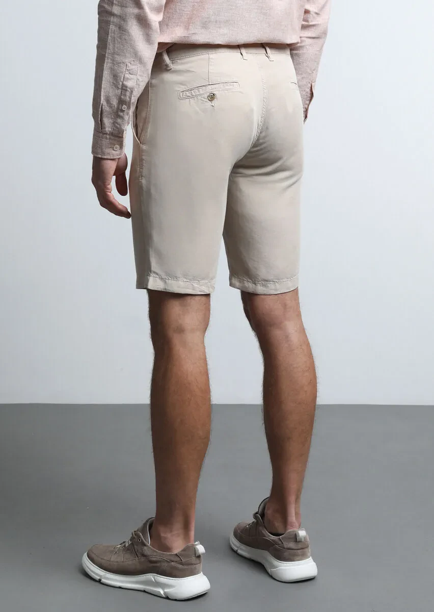 Bej Düz Dokuma Regular Fit Casual Bermuda - 5