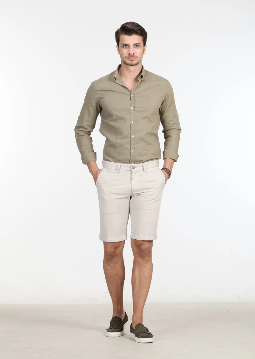 Bej Düz Dokuma Regular Fit Casual Pamuk Karışımlı Bermuda - 1