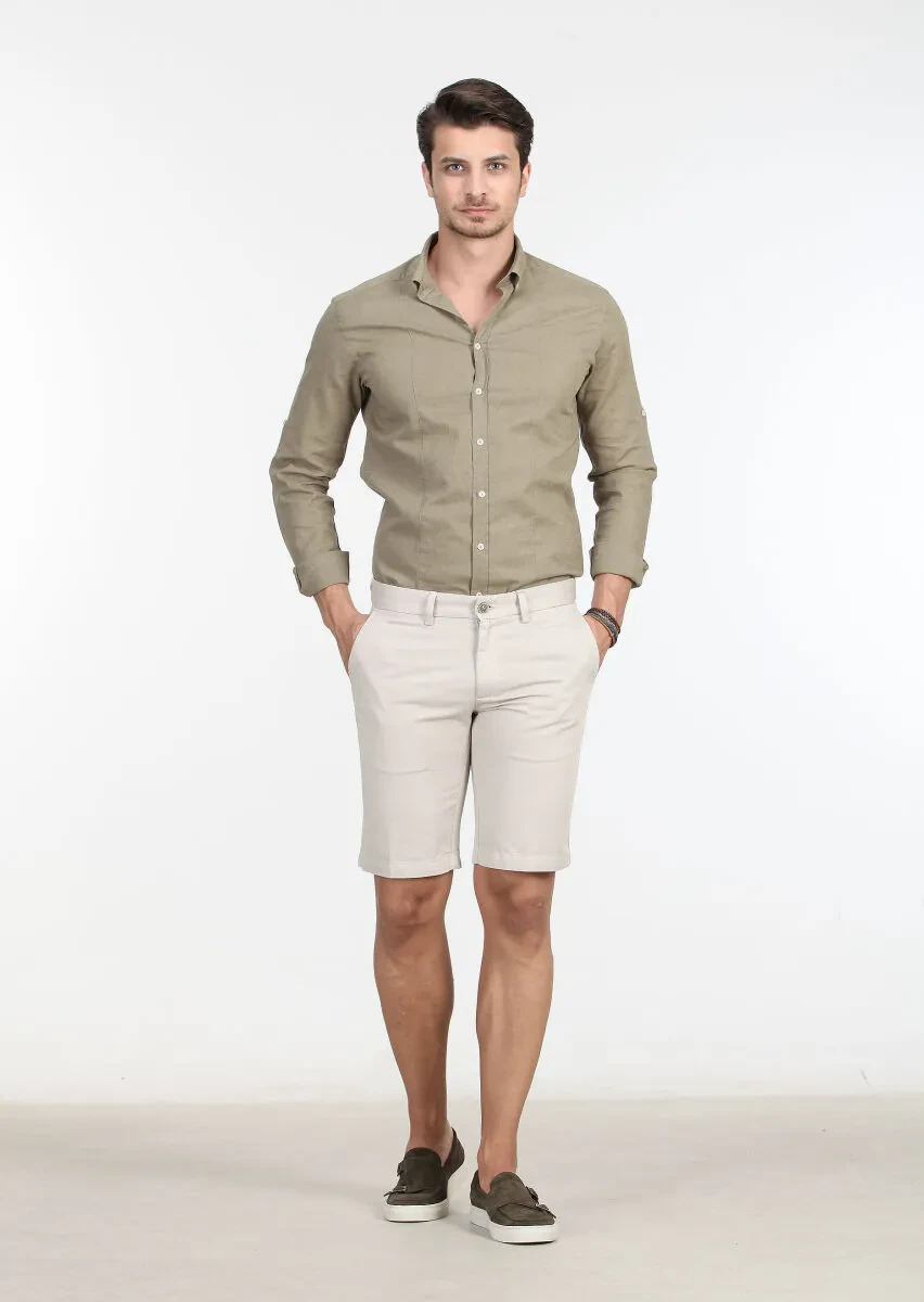 Bej Düz Dokuma Regular Fit Casual Pamuk Karışımlı Bermuda - 1