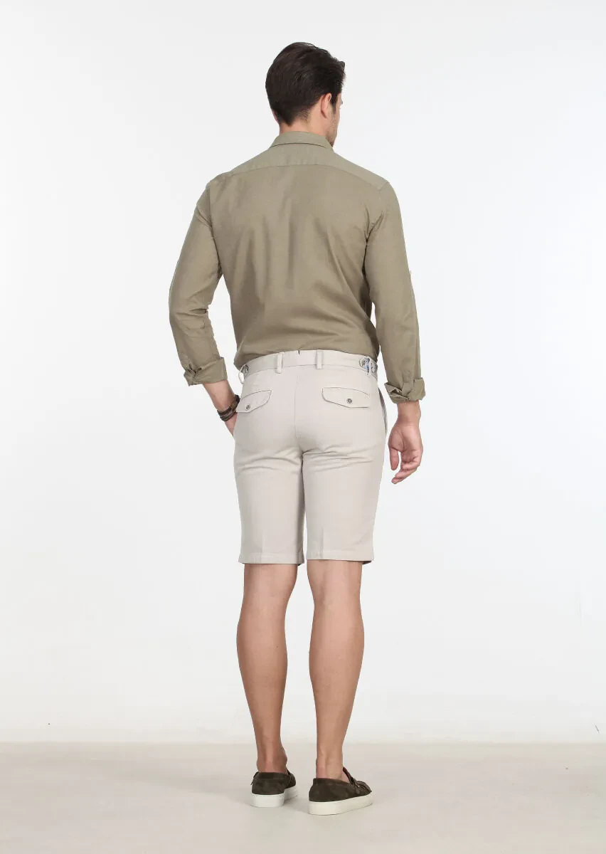 Bej Düz Dokuma Regular Fit Casual Pamuk Karışımlı Bermuda - 4