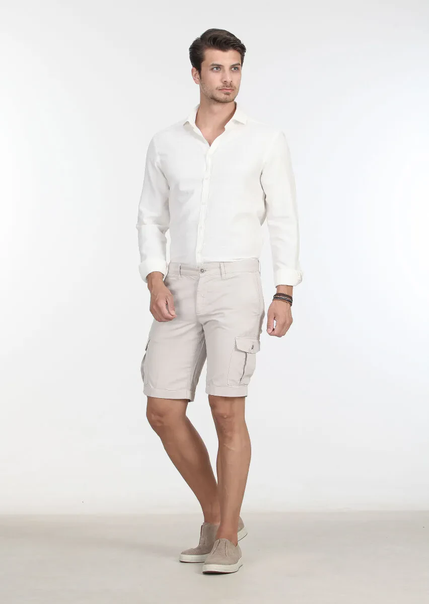 Bej Düz Dokuma Regular Fit Casual Pamuk Karışımlı Bermuda - 2