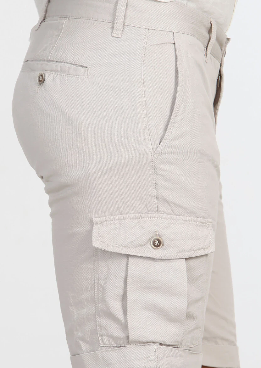 Bej Düz Dokuma Regular Fit Casual Pamuk Karışımlı Bermuda - 3