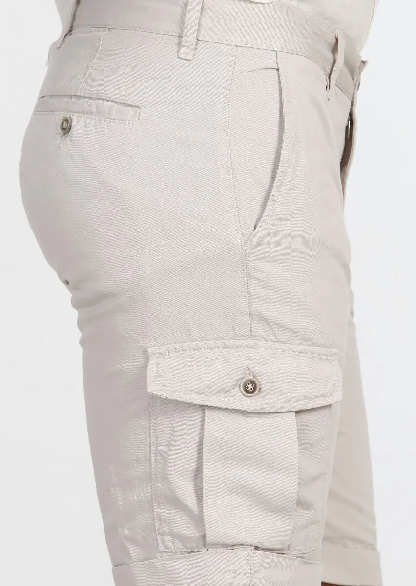 Bej Düz Dokuma Regular Fit Casual Pamuk Karışımlı Bermuda - 3