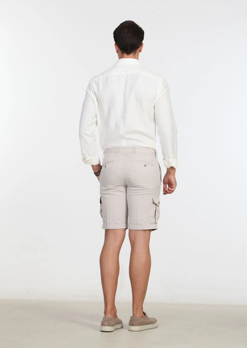 Bej Düz Dokuma Regular Fit Casual Pamuk Karışımlı Bermuda - 4