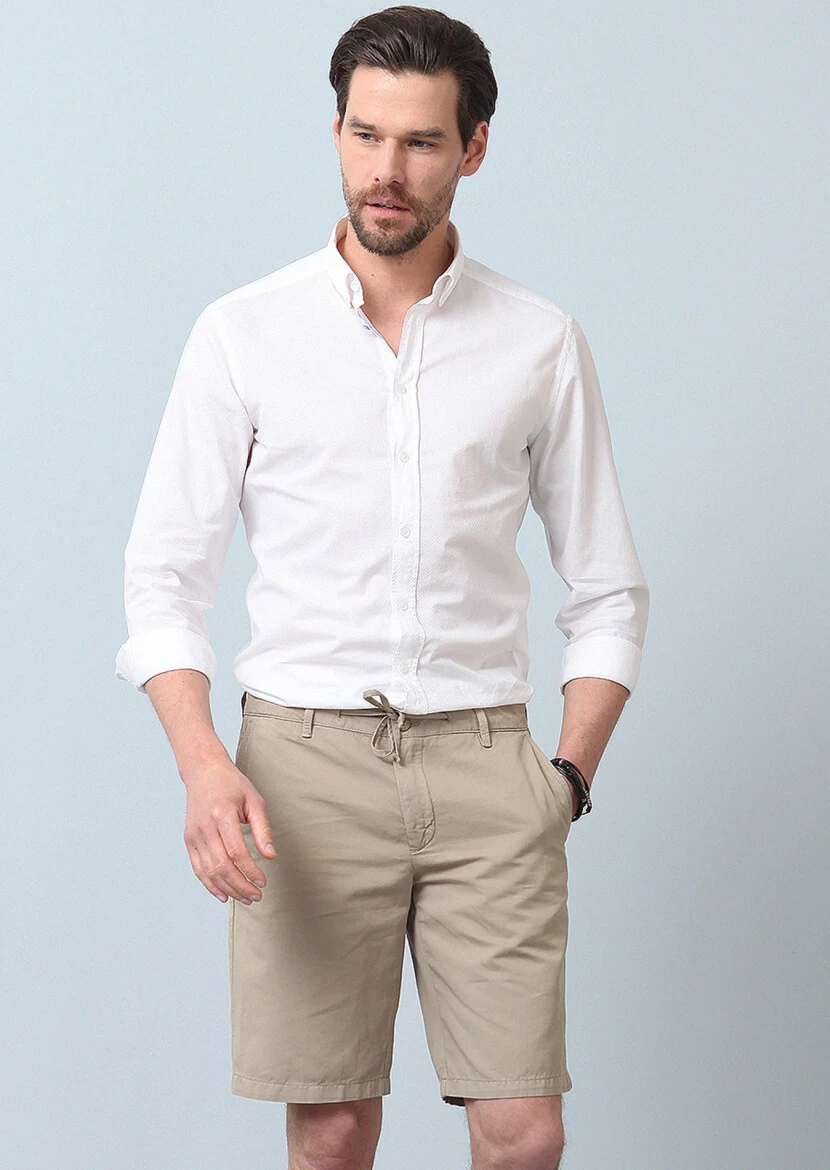 Bej Düz Dokuma Regular Fit Casual Pamuk Karışımlı Bermuda - 1