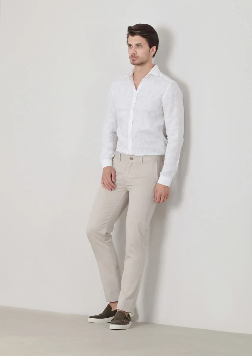 Bej Düz Dokuma Regular Fit Casual Pamuk Karışımlı Pantolon - 2