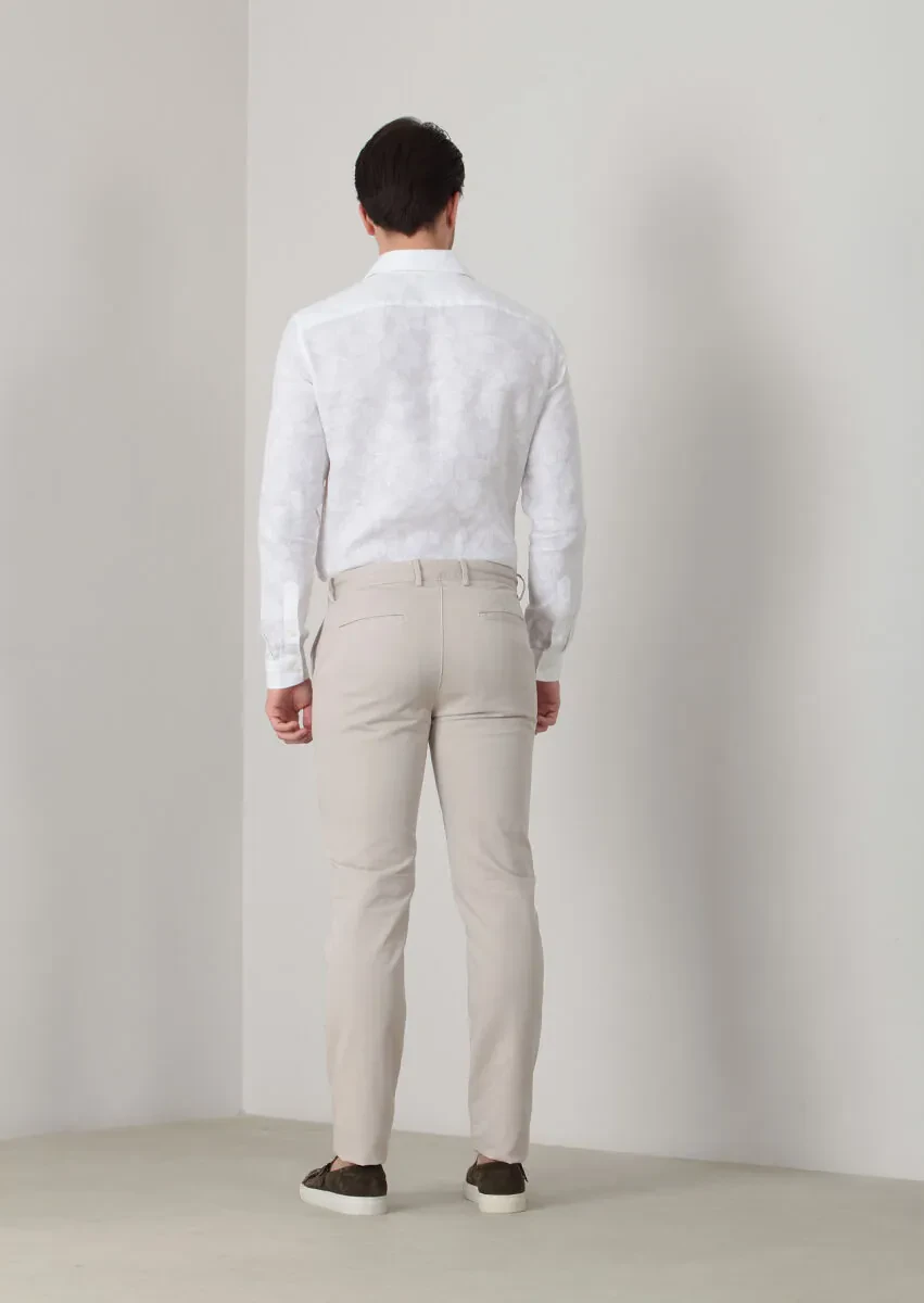 Bej Düz Dokuma Regular Fit Casual Pamuk Karışımlı Pantolon - 4