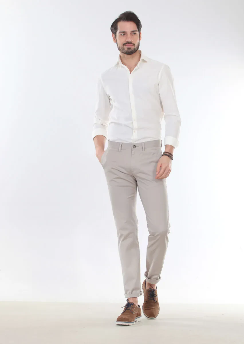Bej Düz Dokuma Regular Fit Casual Pamuk Karışımlı Pantolon - 1