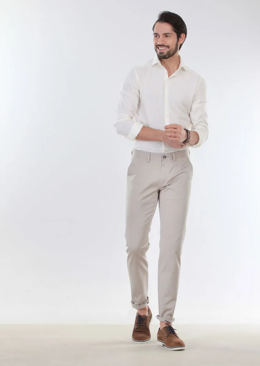 Bej Düz Dokuma Regular Fit Casual Pamuk Karışımlı Pantolon - 3