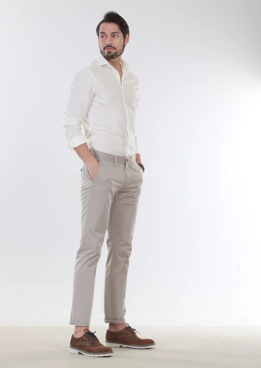 Bej Düz Dokuma Regular Fit Casual Pamuk Karışımlı Pantolon - 4