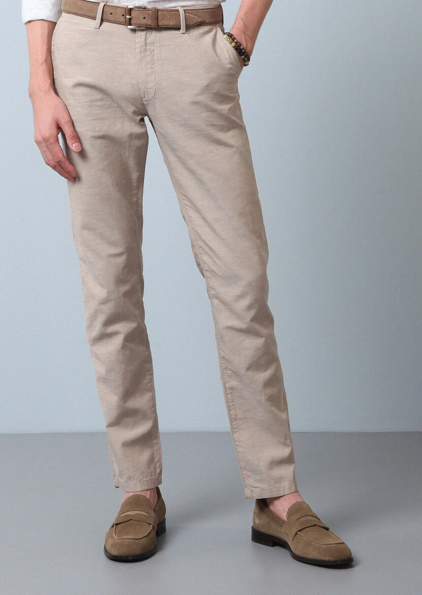 Bej Düz Dokuma Regular Fit Casual Pamuk Karışımlı Pantolon - 1