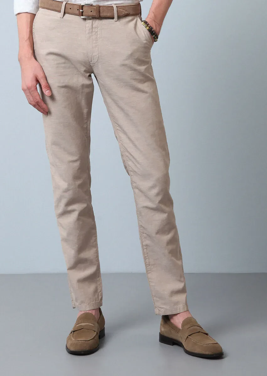 Bej Düz Dokuma Regular Fit Casual Pamuk Karışımlı Pantolon - 1