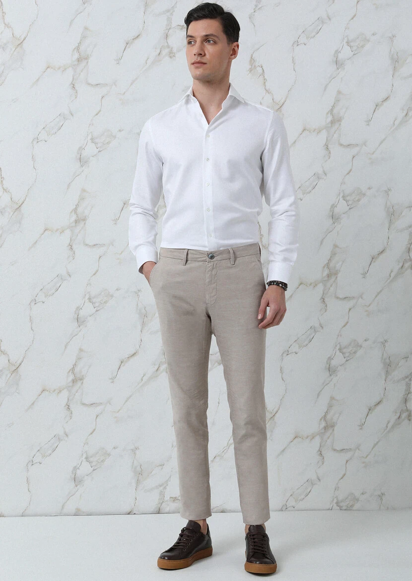 Bej Düz Dokuma Regular Fit Casual Pamuk Karışımlı Pantolon - 2