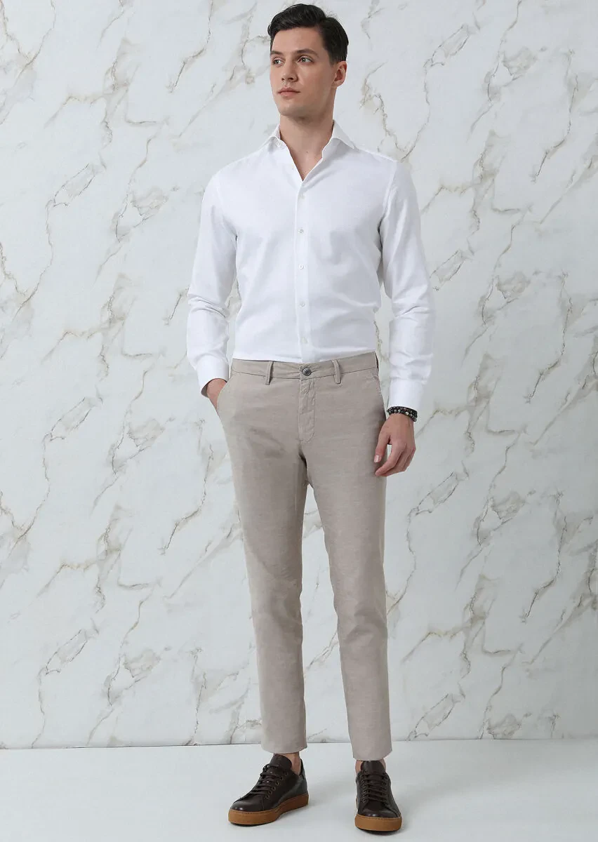 Bej Düz Dokuma Regular Fit Casual Pamuk Karışımlı Pantolon - 2