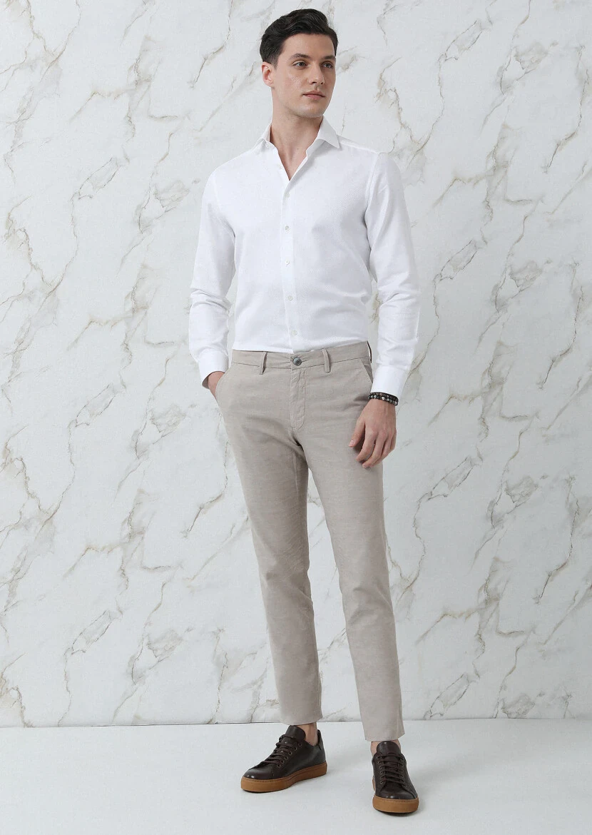 Bej Düz Dokuma Regular Fit Casual Pamuk Karışımlı Pantolon - 3