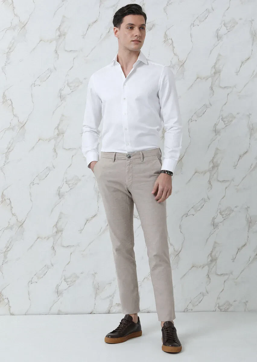 Bej Düz Dokuma Regular Fit Casual Pamuk Karışımlı Pantolon - 3