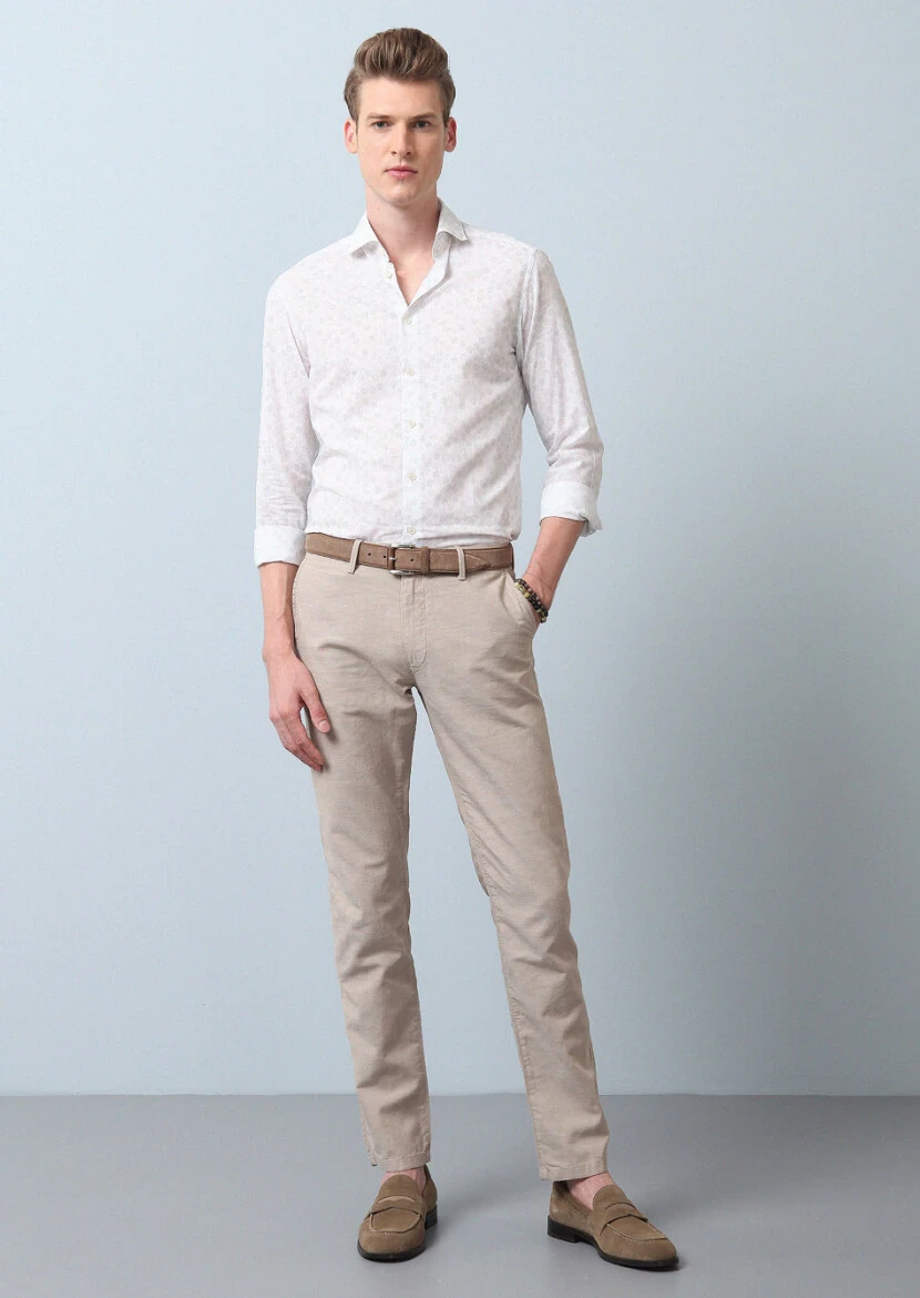 Bej Düz Dokuma Regular Fit Casual Pamuk Karışımlı Pantolon - 4