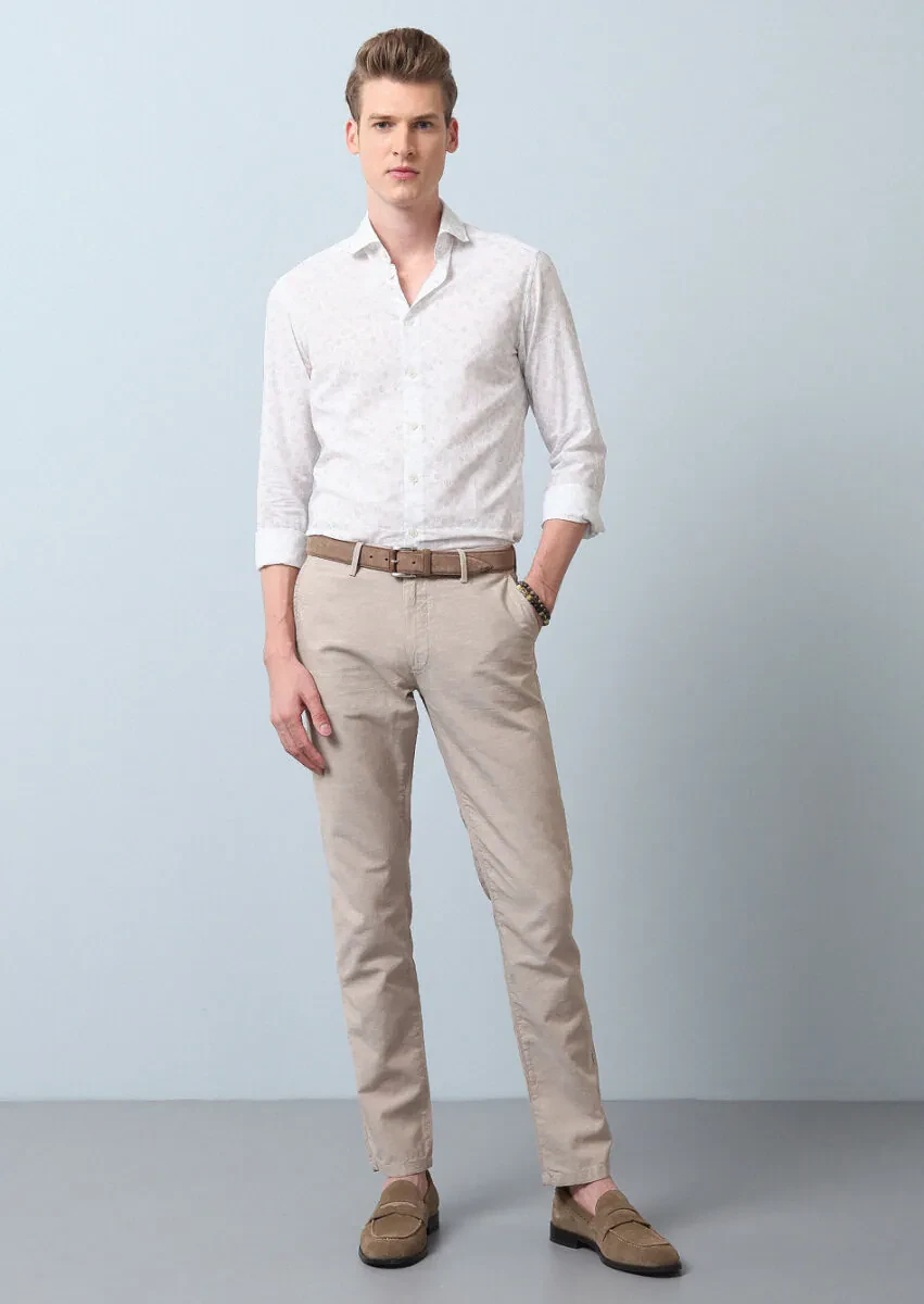 Bej Düz Dokuma Regular Fit Casual Pamuk Karışımlı Pantolon - 4