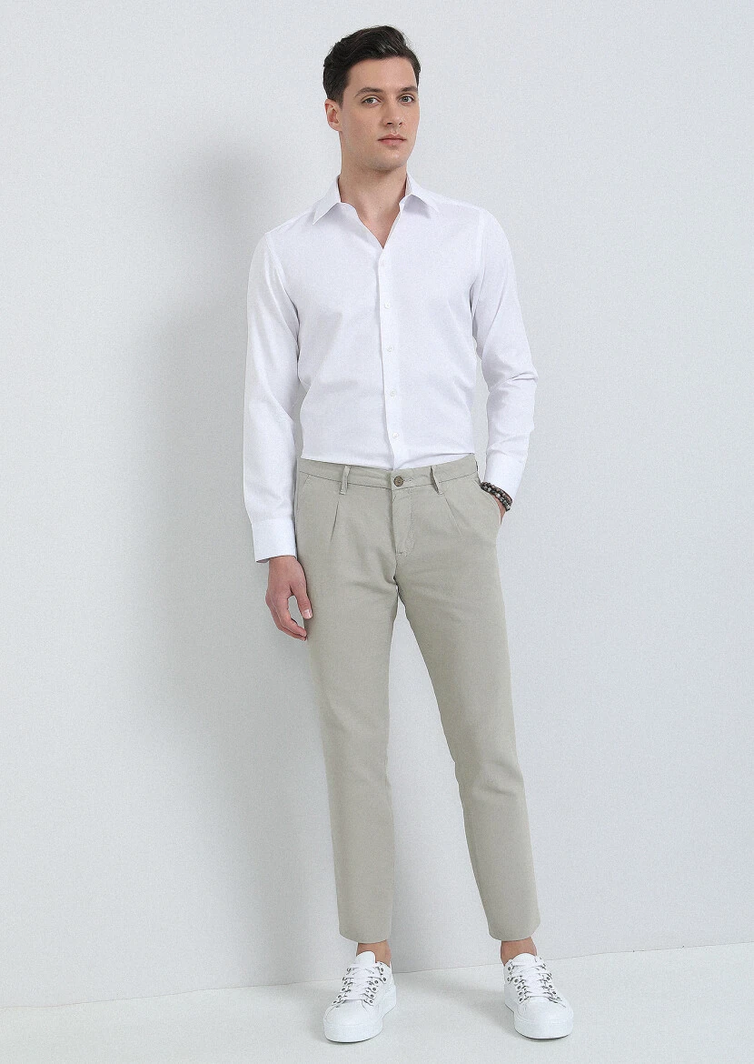 Bej Düz Dokuma Regular Fit Casual Pamuk Karışımlı Pantolon - 1