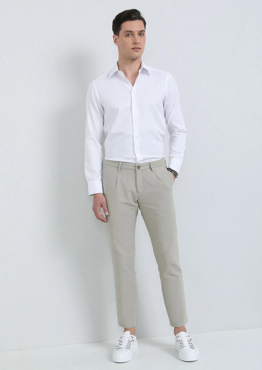 Bej Düz Dokuma Regular Fit Casual Pamuk Karışımlı Pantolon - 1