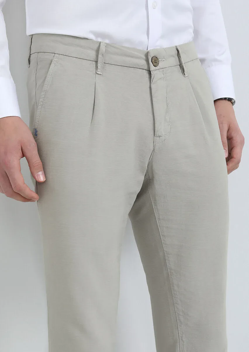 Bej Düz Dokuma Regular Fit Casual Pamuk Karışımlı Pantolon - 3