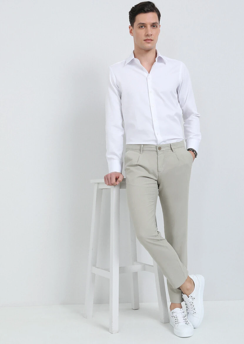 Bej Düz Dokuma Regular Fit Casual Pamuk Karışımlı Pantolon - 4