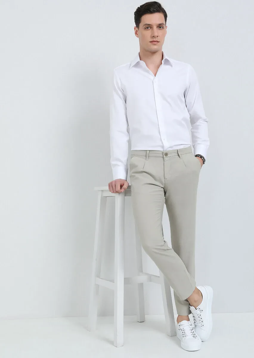 Bej Düz Dokuma Regular Fit Casual Pamuk Karışımlı Pantolon - 4