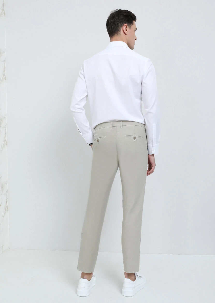 Bej Düz Dokuma Regular Fit Casual Pamuk Karışımlı Pantolon - 5