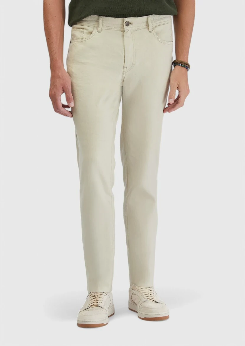 Bej Düz Dokuma Slim Fit Casual Keten Karışımlı Pantolon - RAMSEY