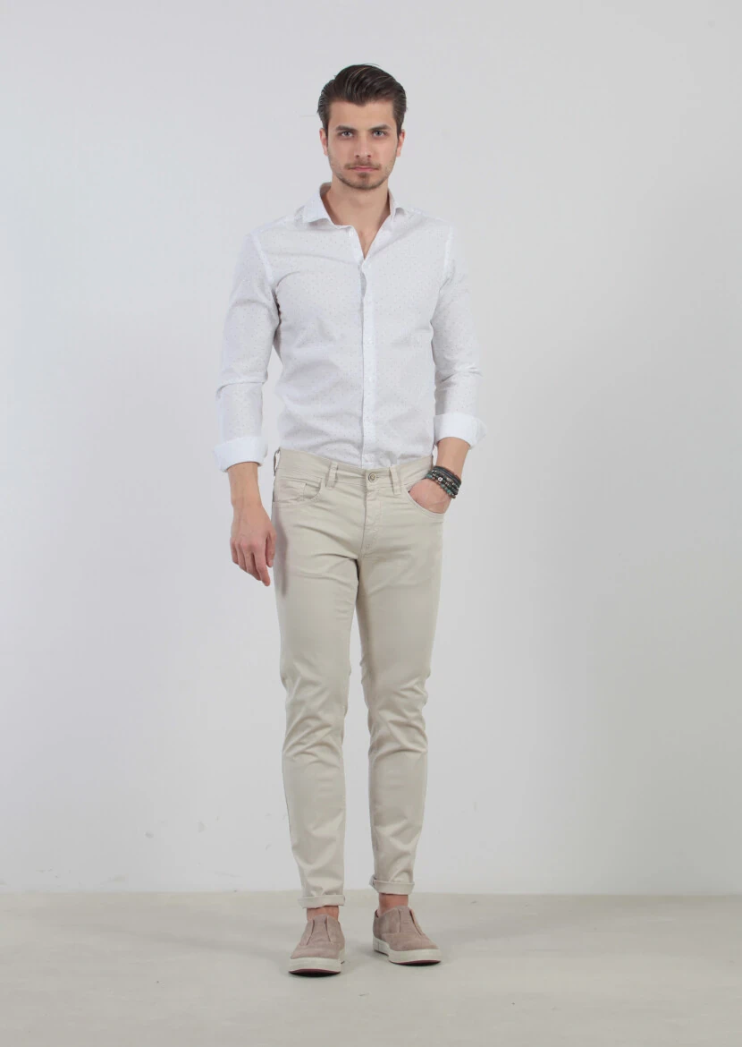 Bej Düz Dokuma Slim Fit Casual Pamuk Karışımlı Pantolon - 1