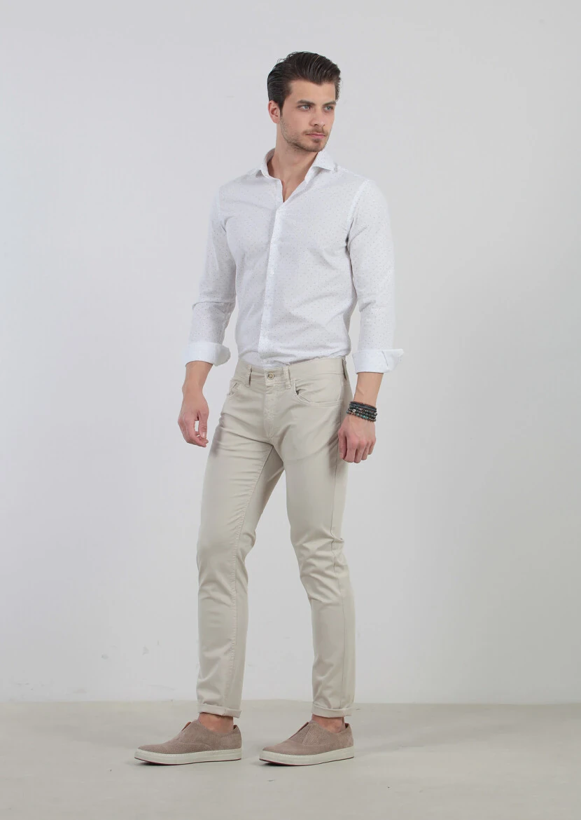 Bej Düz Dokuma Slim Fit Casual Pamuk Karışımlı Pantolon - 2