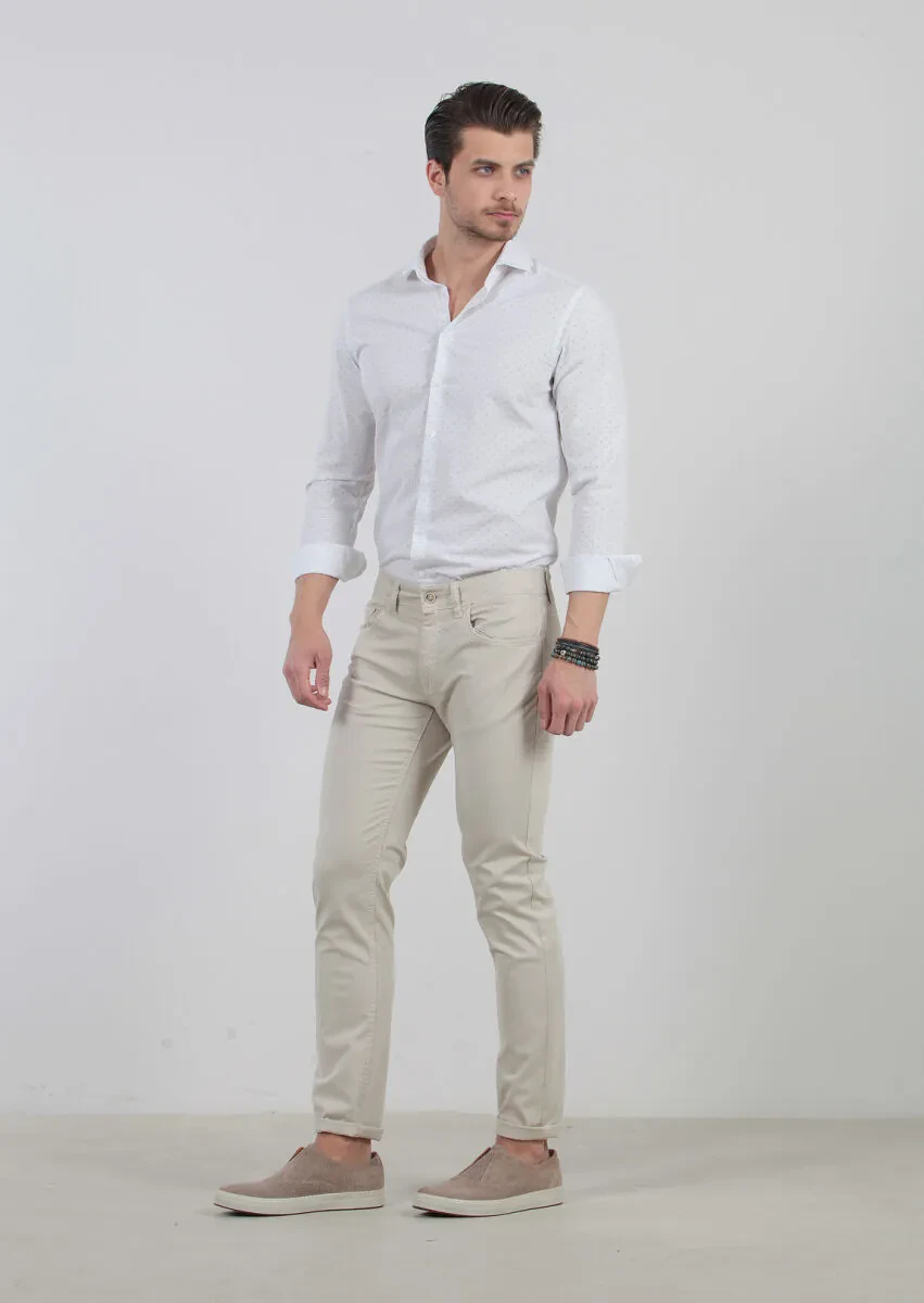 Bej Düz Dokuma Slim Fit Casual Pamuk Karışımlı Pantolon - 2