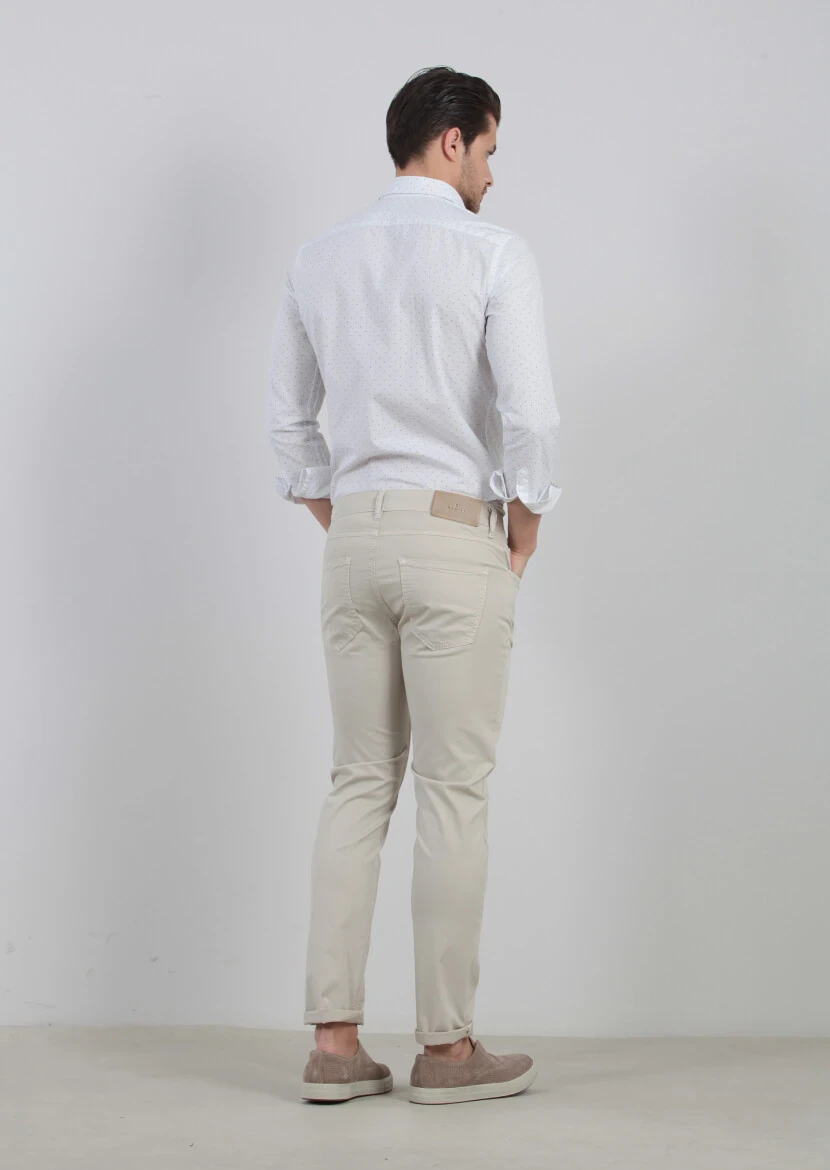 Bej Düz Dokuma Slim Fit Casual Pamuk Karışımlı Pantolon - 4
