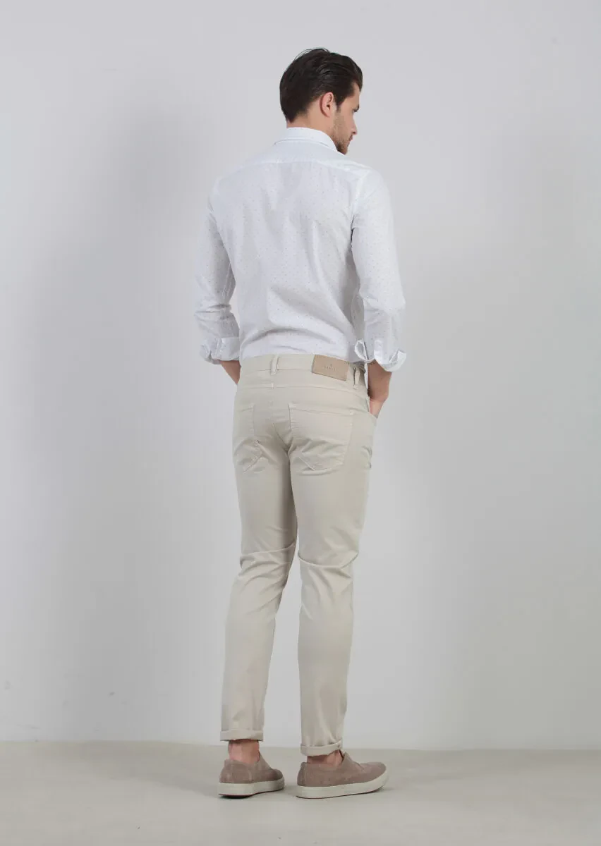 Bej Düz Dokuma Slim Fit Casual Pamuk Karışımlı Pantolon - 4