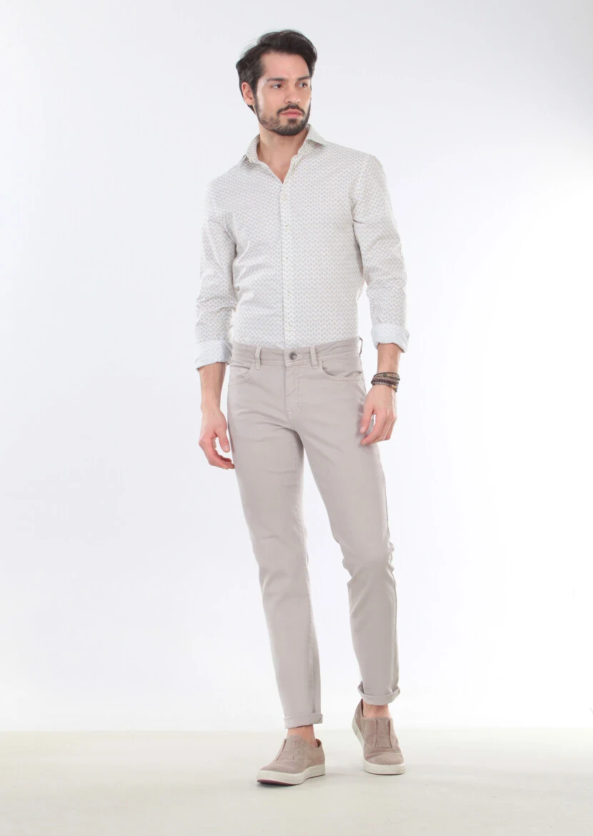 Bej Düz Dokuma Slim Fit Casual Pamuk Karışımlı Pantolon - 1