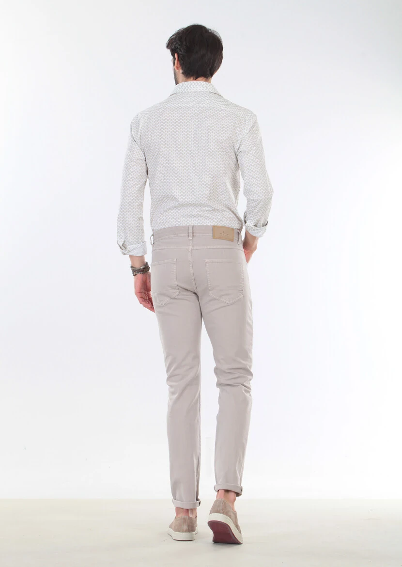 Bej Düz Dokuma Slim Fit Casual Pamuk Karışımlı Pantolon - 2