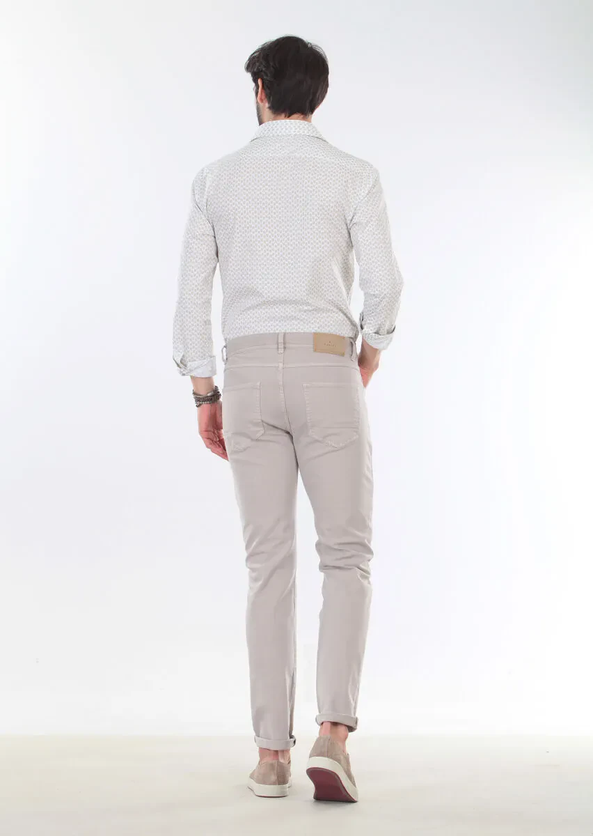 Bej Düz Dokuma Slim Fit Casual Pamuk Karışımlı Pantolon - 2