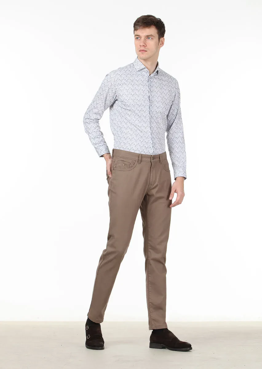 Bej Düz Dokuma Slim Fit Casual Pamuk Karışımlı Pantolon - 2