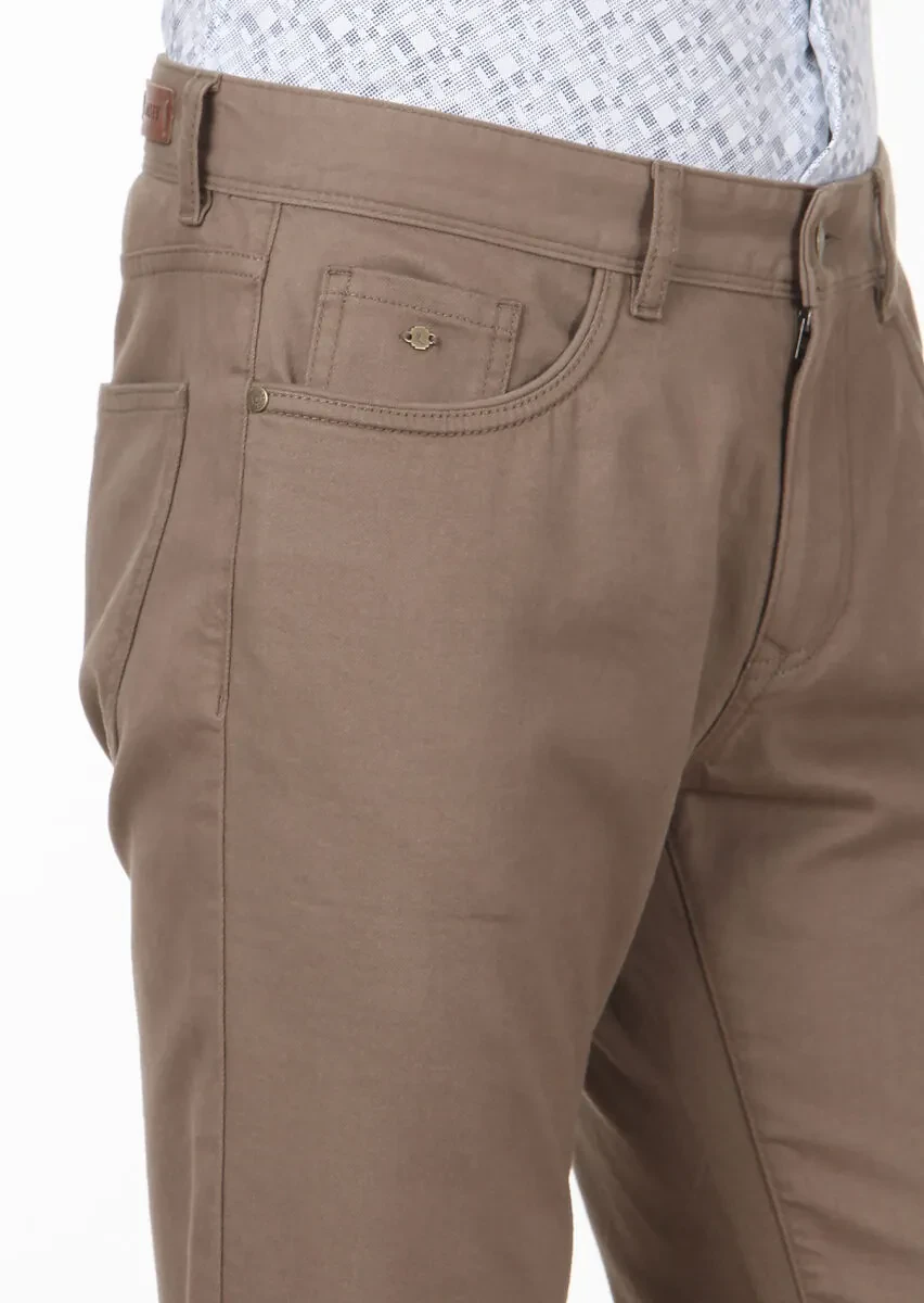 Bej Düz Dokuma Slim Fit Casual Pamuk Karışımlı Pantolon - 3