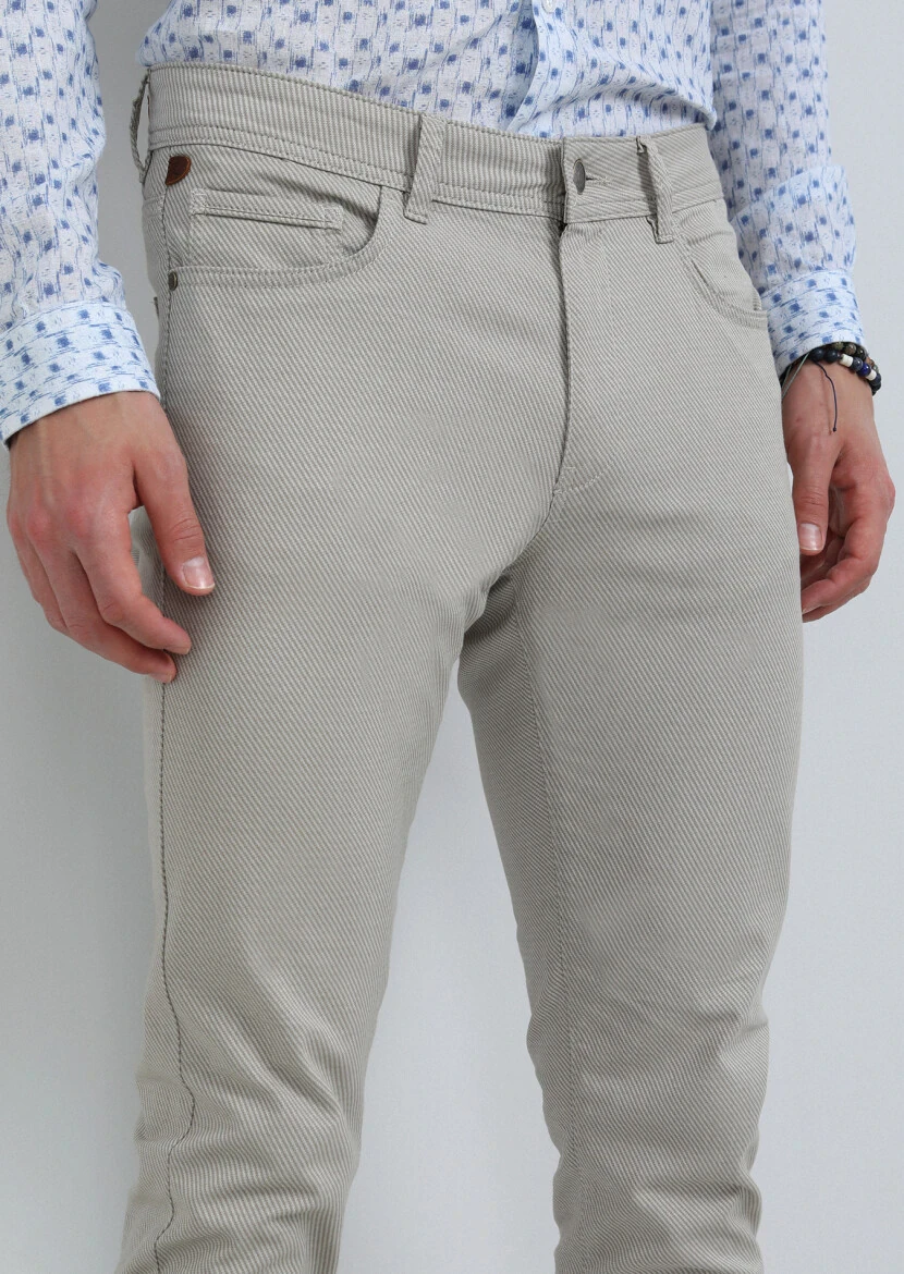 Bej Düz Dokuma Slim Fit Casual Pamuk Karışımlı Pantolon - 3