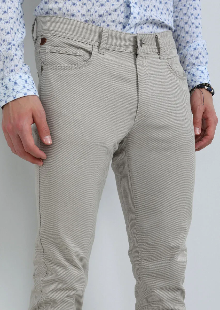 Bej Düz Dokuma Slim Fit Casual Pamuk Karışımlı Pantolon - 3