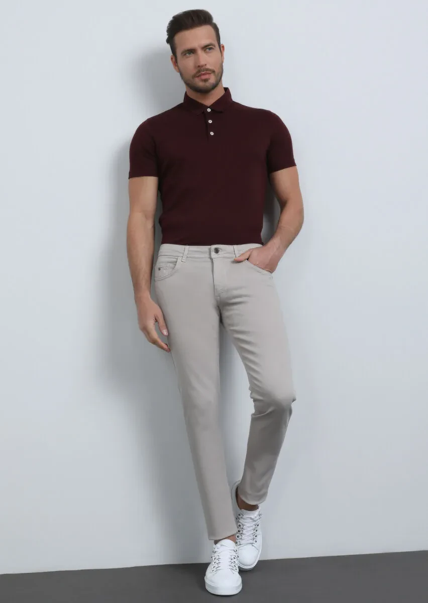 Bej Düz Dokuma Slim Fit Casual Pamuk Karışımlı Pantolon - 2